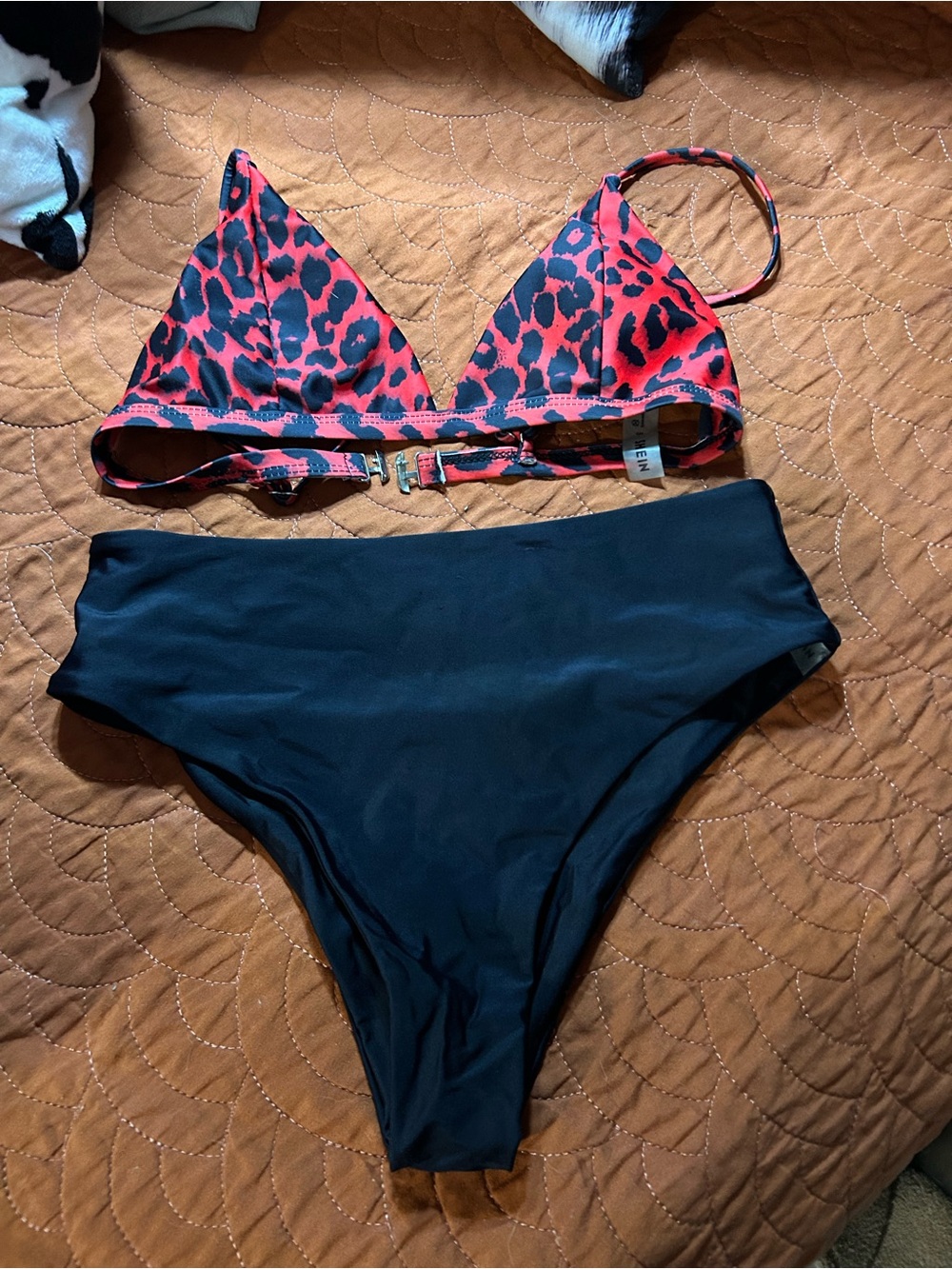 SHEIN Red Leopard Triangle Bikini Top with Black High Waist Bottom